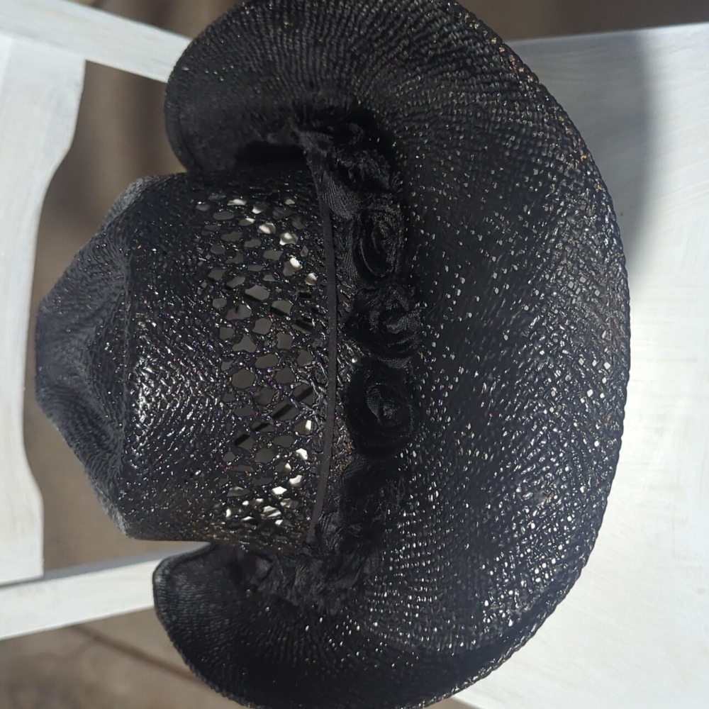 Custom Upcycled Black Lacquered Rosette Straw Cowboy Hat Mexico 22" - Picture 3 of 7